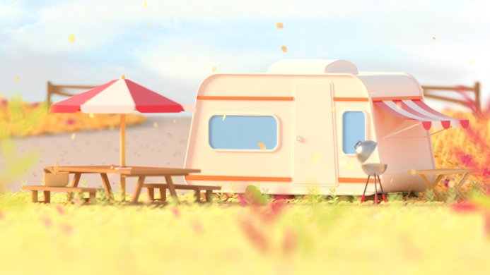 3D render of a caravan with a picnic table, umbrella, and grill on a sunny day