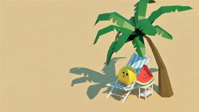 3D rendered chick in a beach chair under a palm tree with a watermelon slice on a table