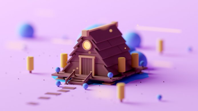 A stylized 3D house in a minimalist environment with geometric shapes and a pastel color palette