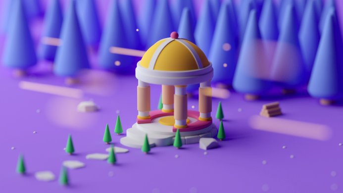 3D rendered miniature gazebo surrounded by trees in purple environment