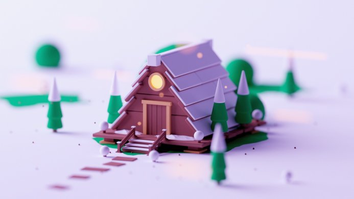 A small brown house surrounded by green trees in a 3D render