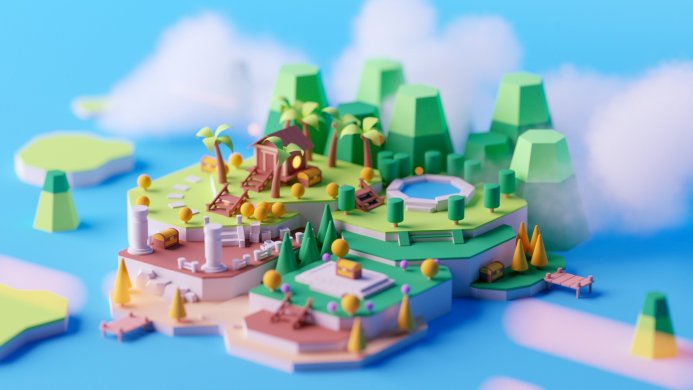 A stylized 3D rendering of a tropical island with a hut, palm trees and pool on blue background