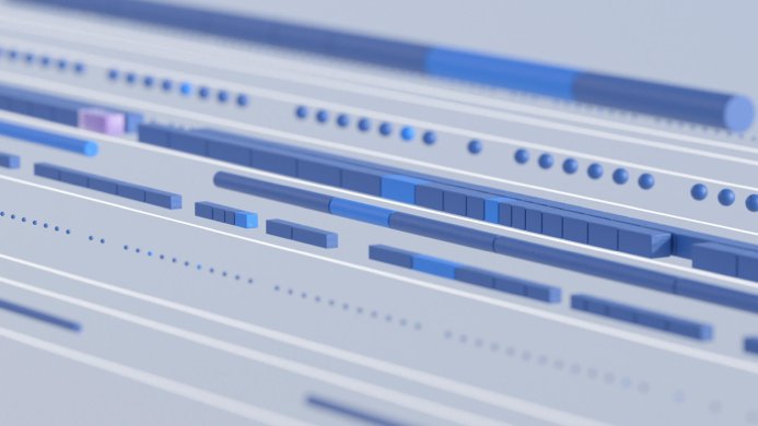 A 3D rendering of blue abstract shapes on gray lines with light blue dots