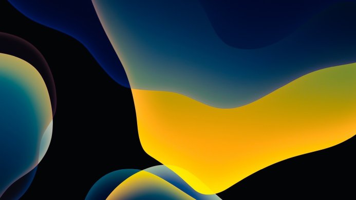 Abstract background with blue and yellow fluid shapes on a black background