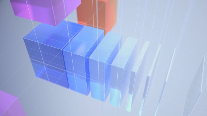 Abstract image of translucent blue, purple, and orange cubes with a grid