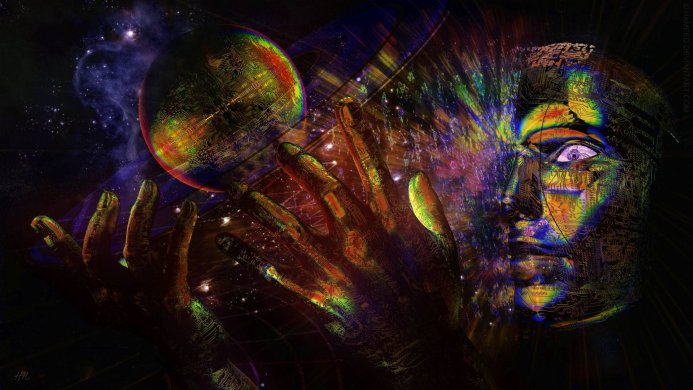 Abstract digital art featuring a face, hands, and a planet with circuit board patterns in a cosmic setting