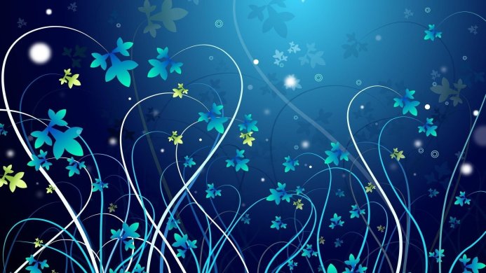 Abstract floral design in shades of blue, green, and white with swirling lines