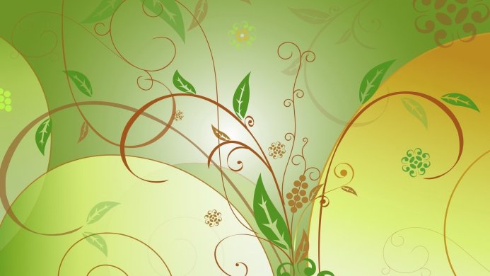 Abstract floral design with green leaves and swirls on a yellow-green background