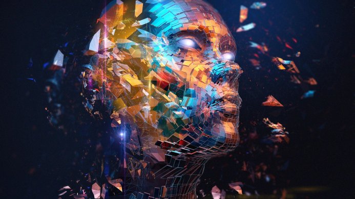 Abstract humanoid face constructed from geometric shapes, with glowing eyes
