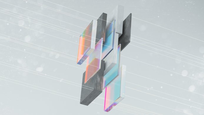Abstract geometric shapes with iridescent and gray textures on a light background