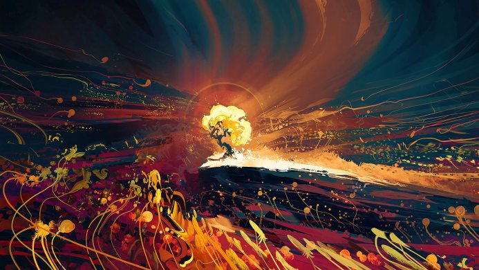 Abstract landscape with a tree silhouette, rendered in warm oranges, reds, and yellows against a dark blue sky