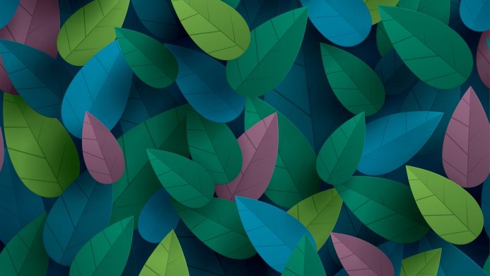 Abstract leaf pattern with green, blue, and pink leaves