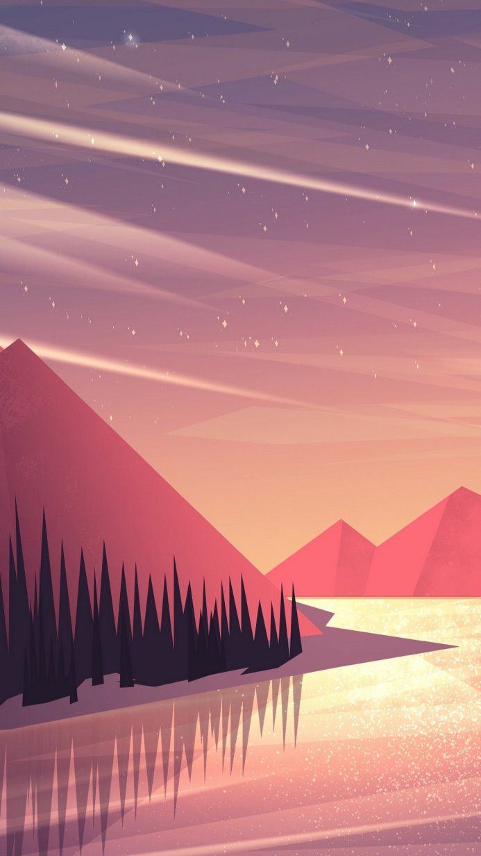 Abstract landscape with mountains, trees, and a lake reflecting the sky