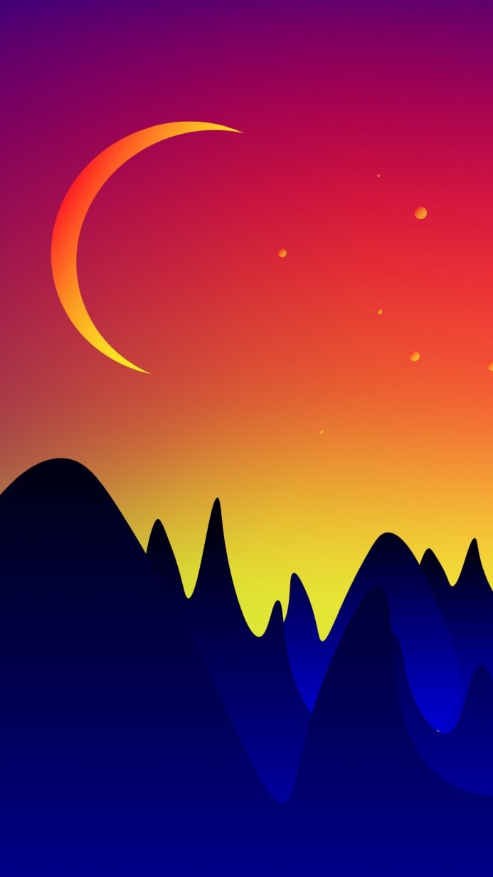 Abstract illustration of mountains, moon, and sunset with various colors