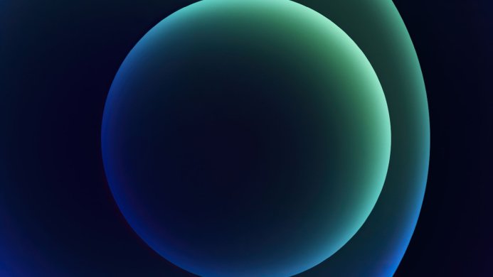Abstract 3D rendering of a sphere with blue and green gradients on a dark blue background
