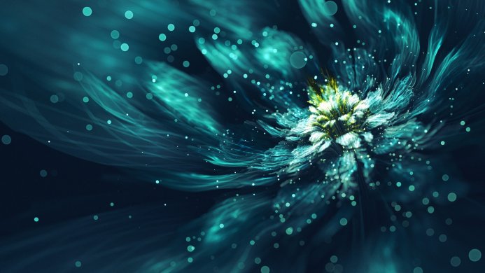 Abstract teal flower with glowing center and bokeh lights