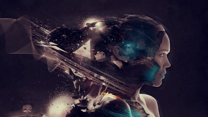 Abstract image of a woman's profile with deconstructed and digital elements