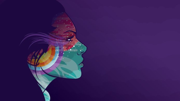 Abstract illustration of a woman's profile with colorful designs and a purple background