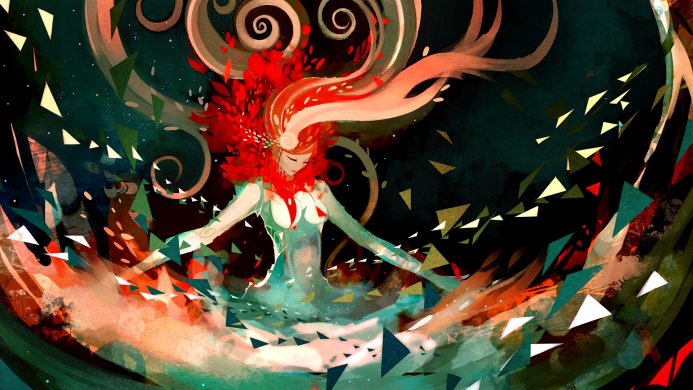 Abstract illustration of a woman with red hair dancing in a swirl of shapes and colors
