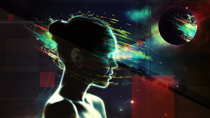 Abstract profile of a woman's silhouette against a space and galaxy backdrop