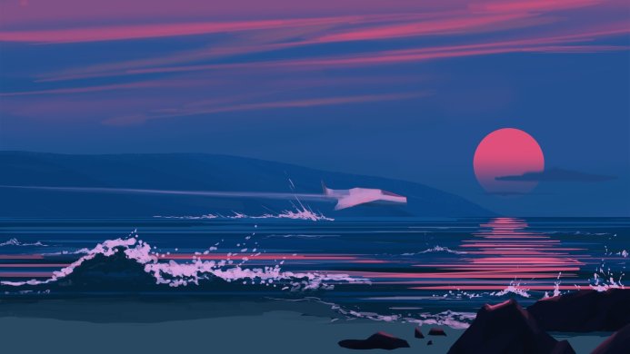 An airplane flying over the sea at sunset, illustration