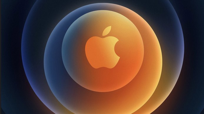 Apple logo surrounded by concentric glowing circles in shades of blue and orange