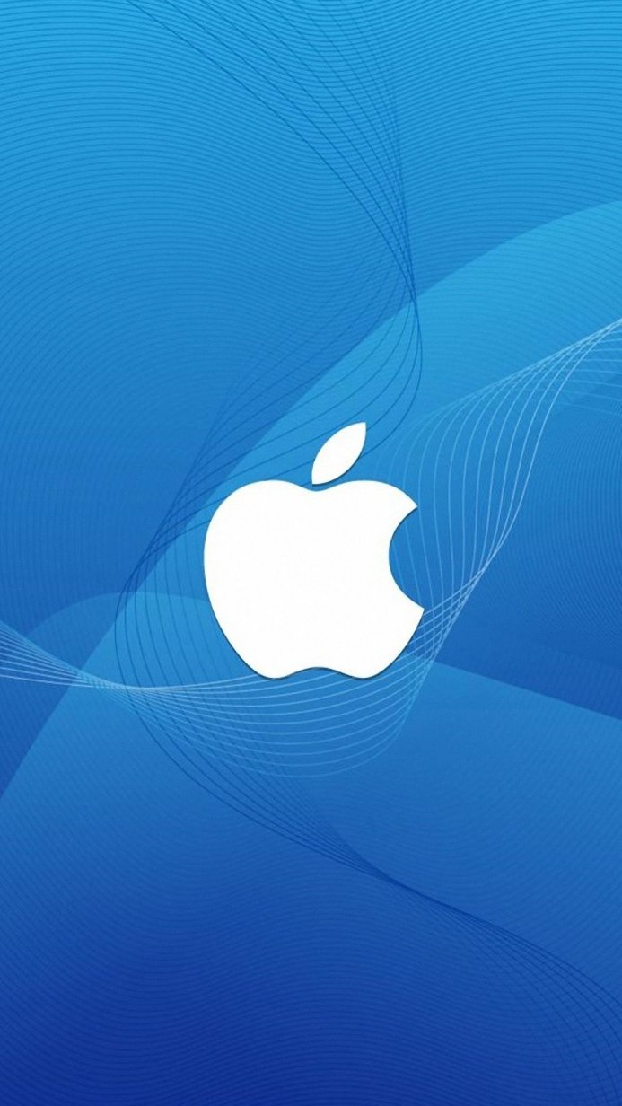 Apple logo on a blue background with flowing lines