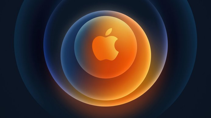 Apple logo with concentric circles of blue and orange gradients on a dark background