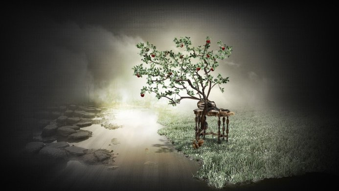 An apple tree growing on a table in a surreal landscape with a squirrel