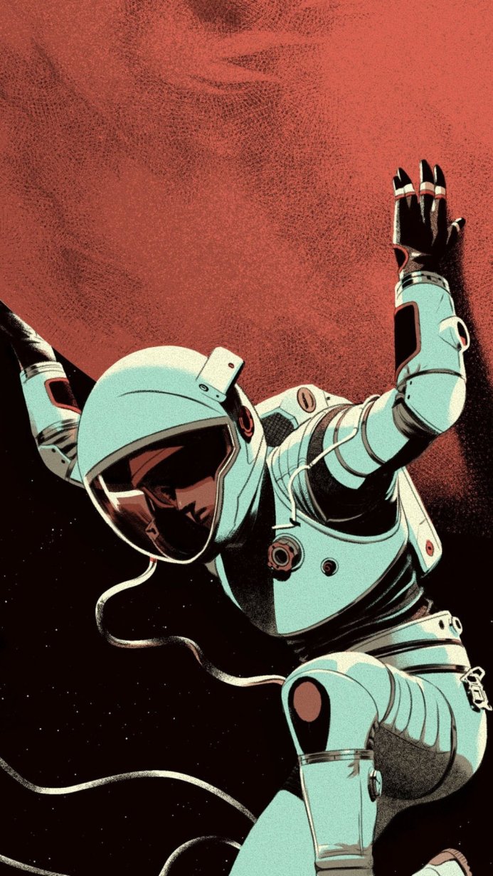 An astronaut in a white spacesuit floats in space against a red and black background