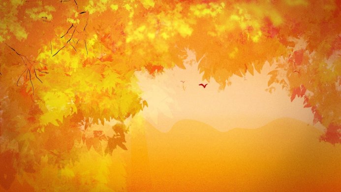 Autumn leaves in various shades of orange and yellow, with soft light in the background