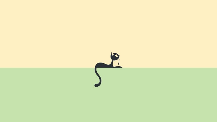 A black cat silhouette against a beige and green background