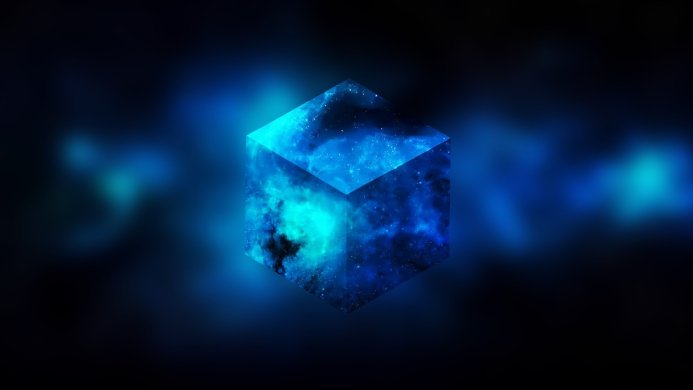 A blue cube filled with a galaxy against a blurred, dark blue nebula background