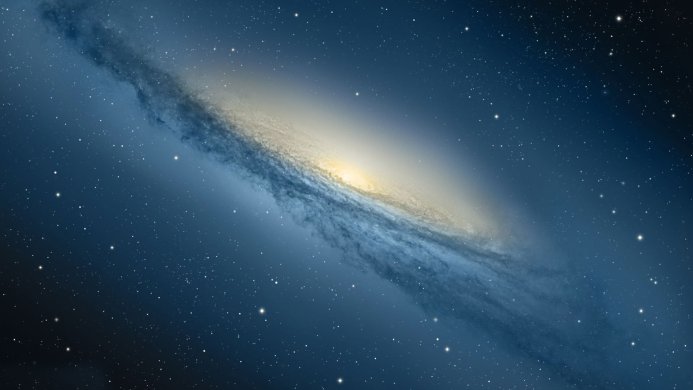 A galaxy with a bright core and swirling blue and white clouds of gas and dust