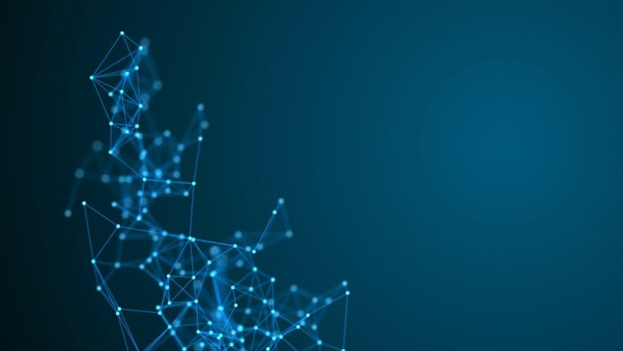 A blue geometric network against a dark blue background