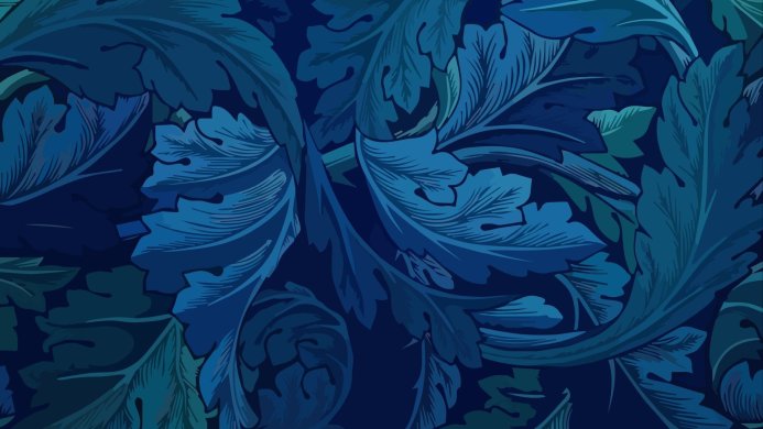 A pattern of blue and teal leaves on a dark blue background