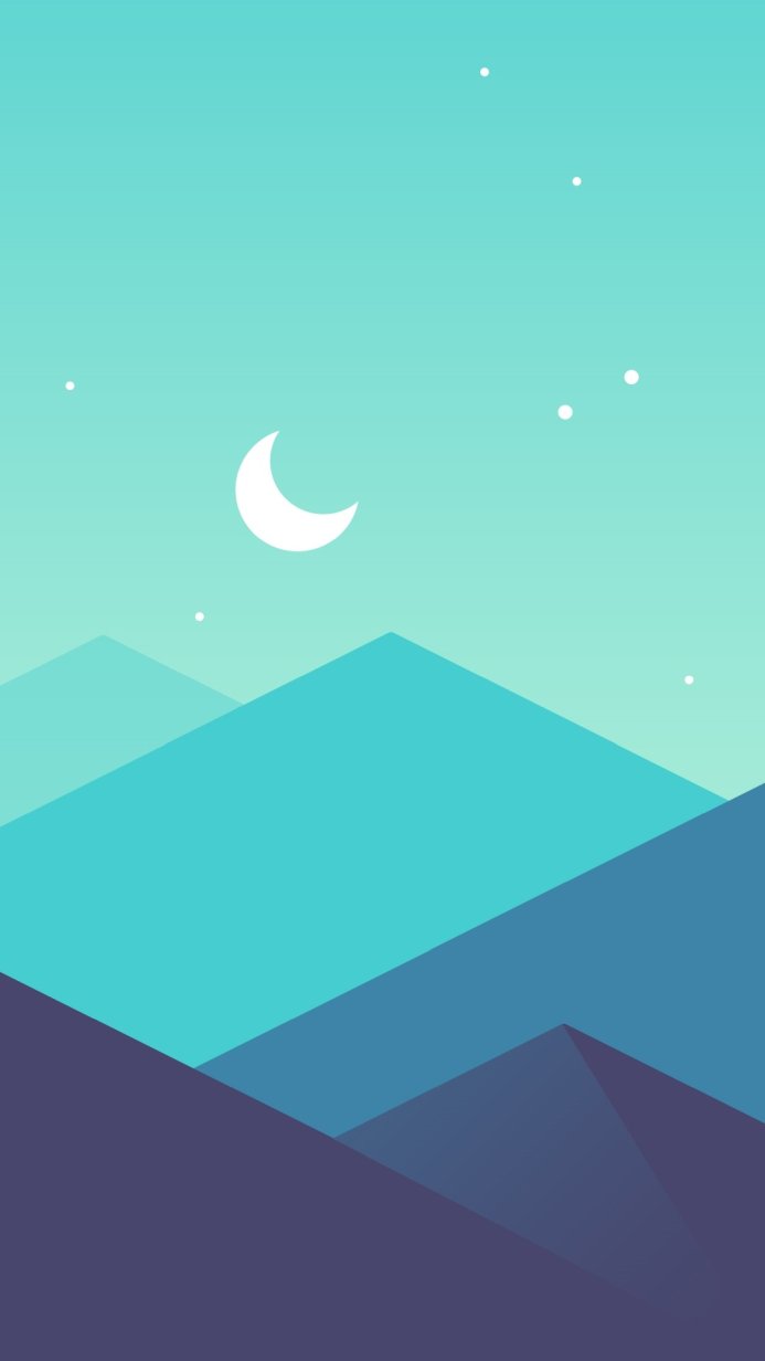 Illustration of mountains under a crescent moon in shades of blue and turquoise