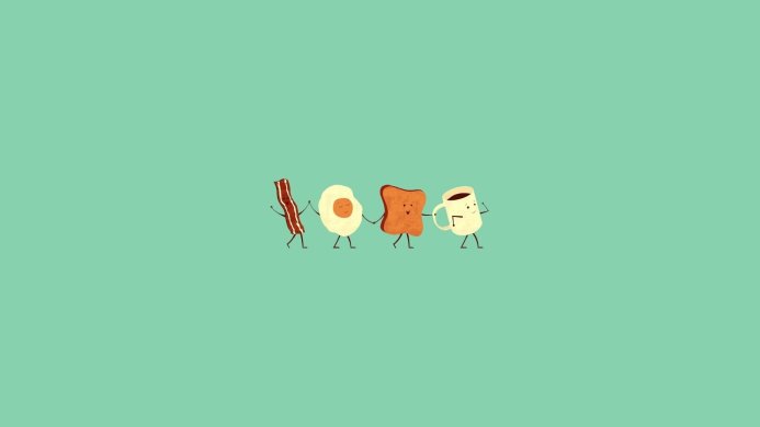Cartoon breakfast items - bacon, egg, toast, and coffee - holding hands on a turquoise background