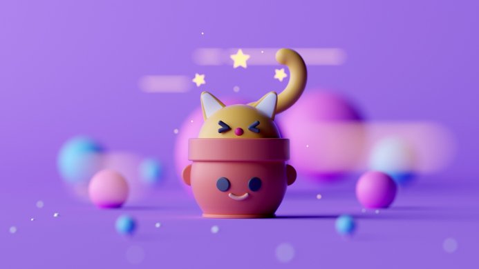 Cute cartoon cat in a pot with stars on a purple background
