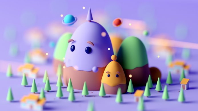 Cartoon landscape with hills with eyes, houses and trees in pastel colors