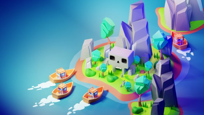Cartoon islands with skull rock formation and boats sailing in a blue sea