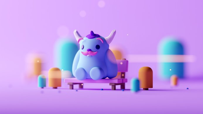 A cartoon monster sitting on a bench surrounded by colorful shapes on a purple background