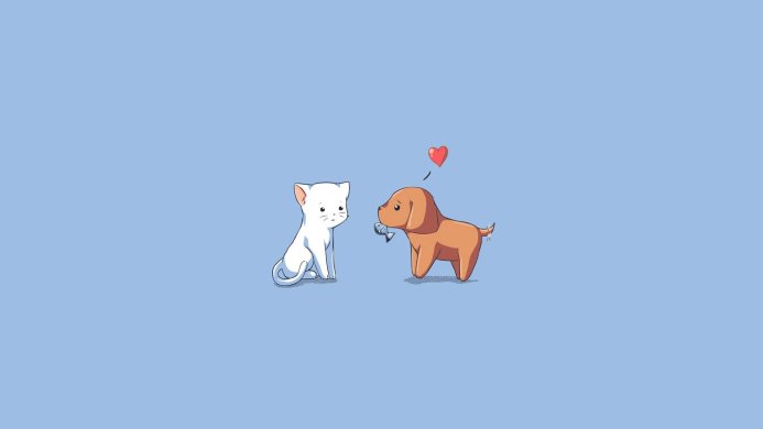 A cartoon of a white cat and a brown dog offering a fish with a heart above the dog