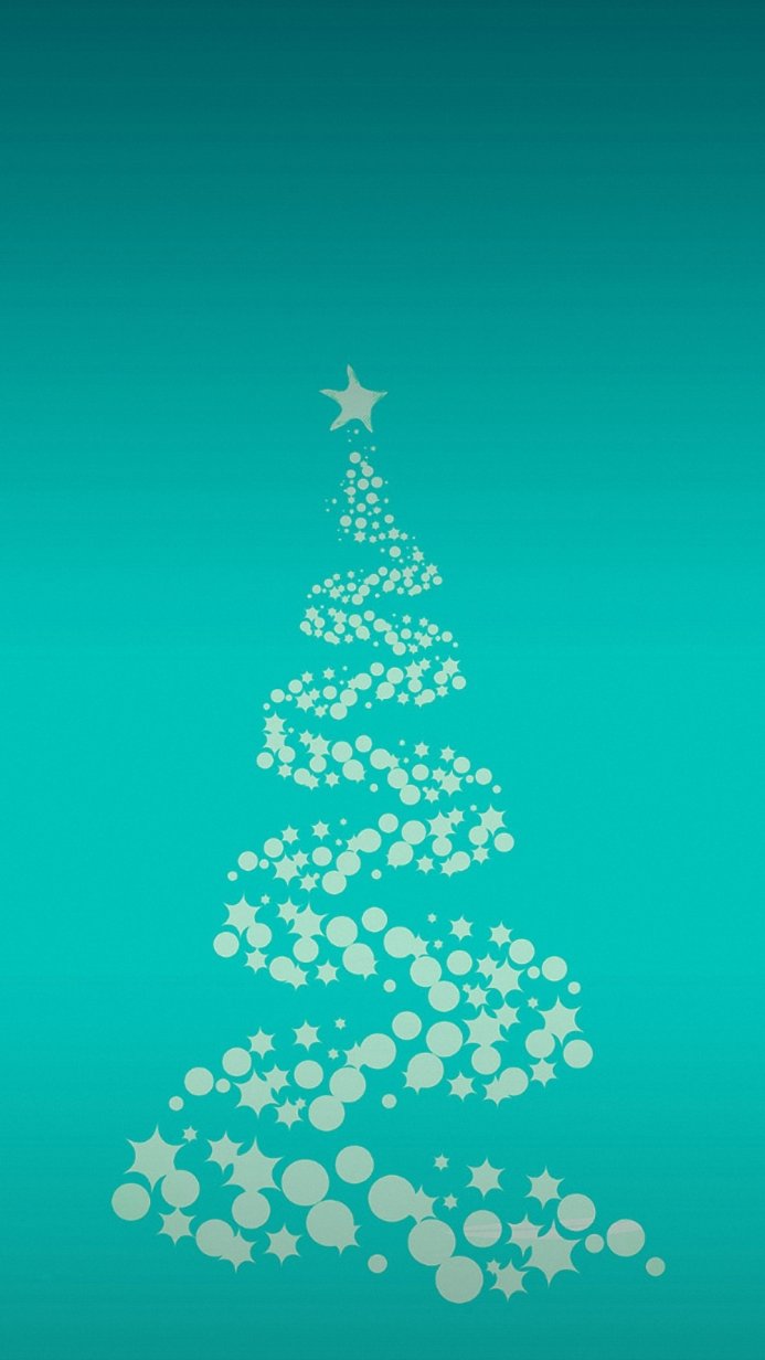 Stylized Christmas tree composed of stars and circles on a turquoise background