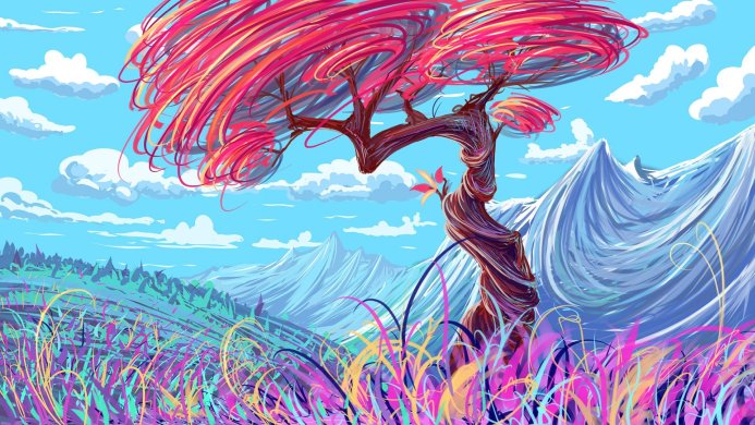 A vibrant tree in a landscape with mountains, sky, and clouds in a colorful, stylized illustration