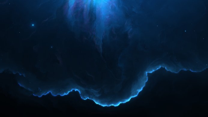 A dark blue nebula in space with stars and clouds illuminated by a bright blue light