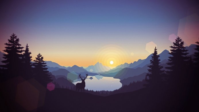 Deer silhouette in a minimalist landscape with mountains, lake, and sunset