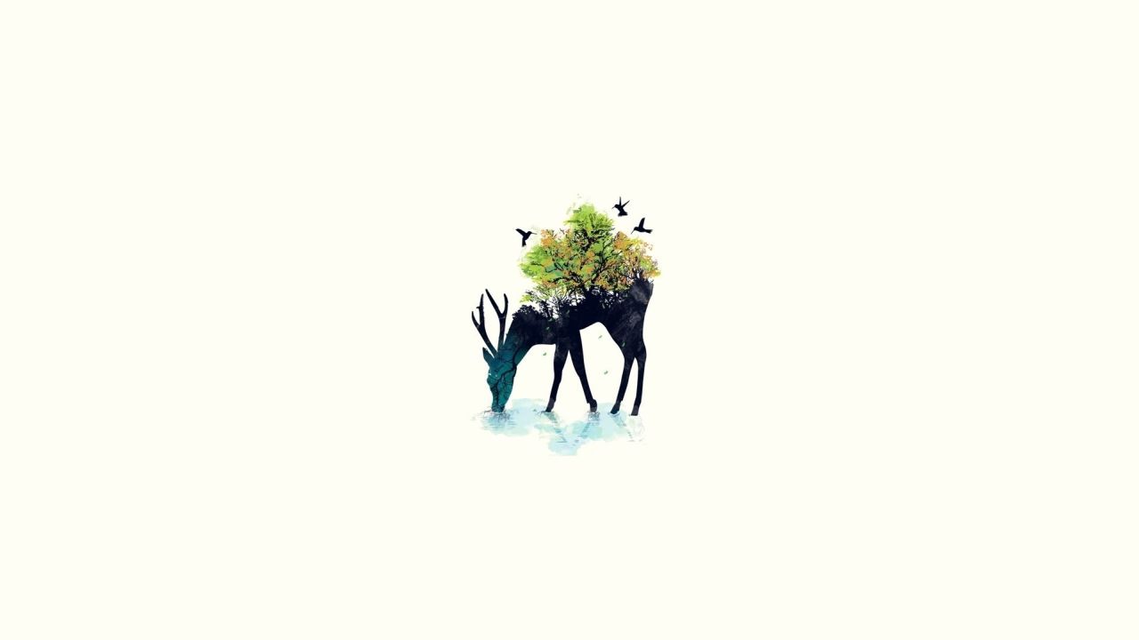 Abstract deer silhouette with tree drinking water