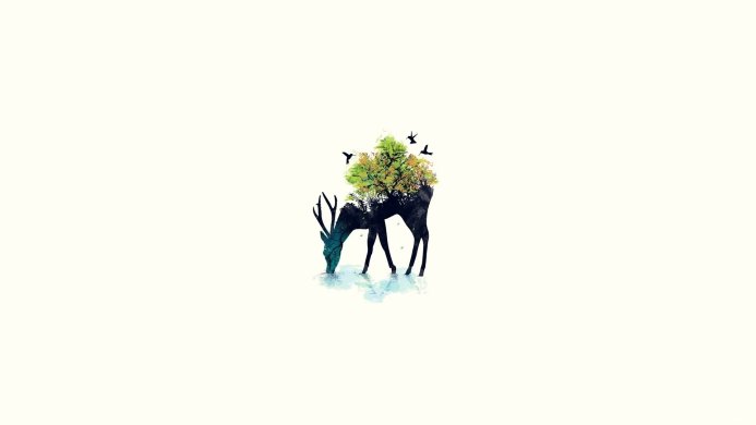 Silhouette of a deer drinking water, with a forest and birds inside the silhouette