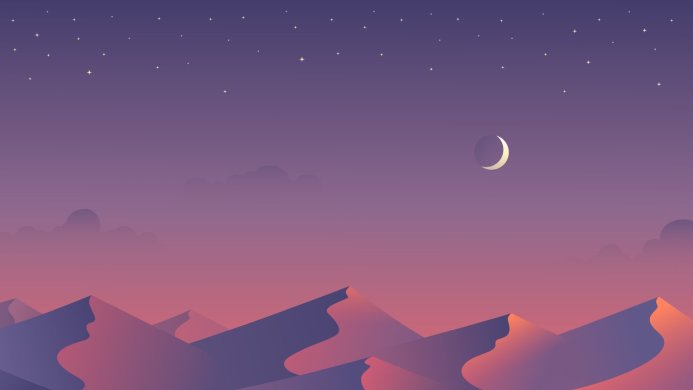 Minimalist landscape with desert dunes, a crescent moon, and stars in a gradient purple and orange sky